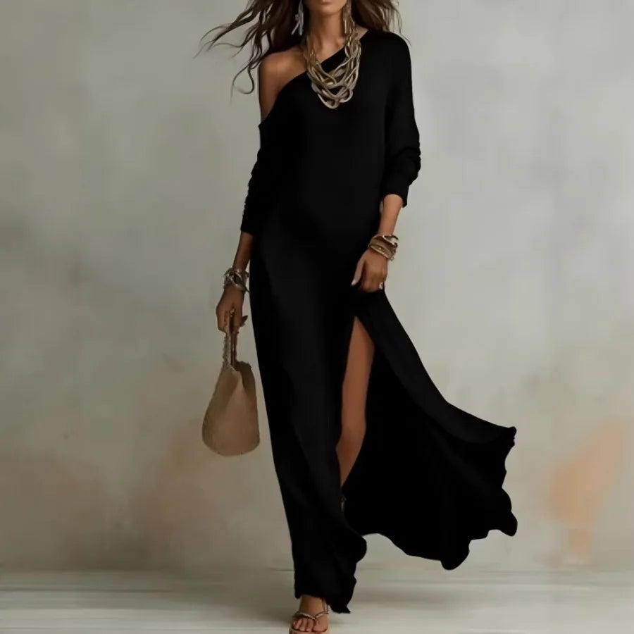 Elegant Long-sleeved Knitted Pleated Split Women's Dress