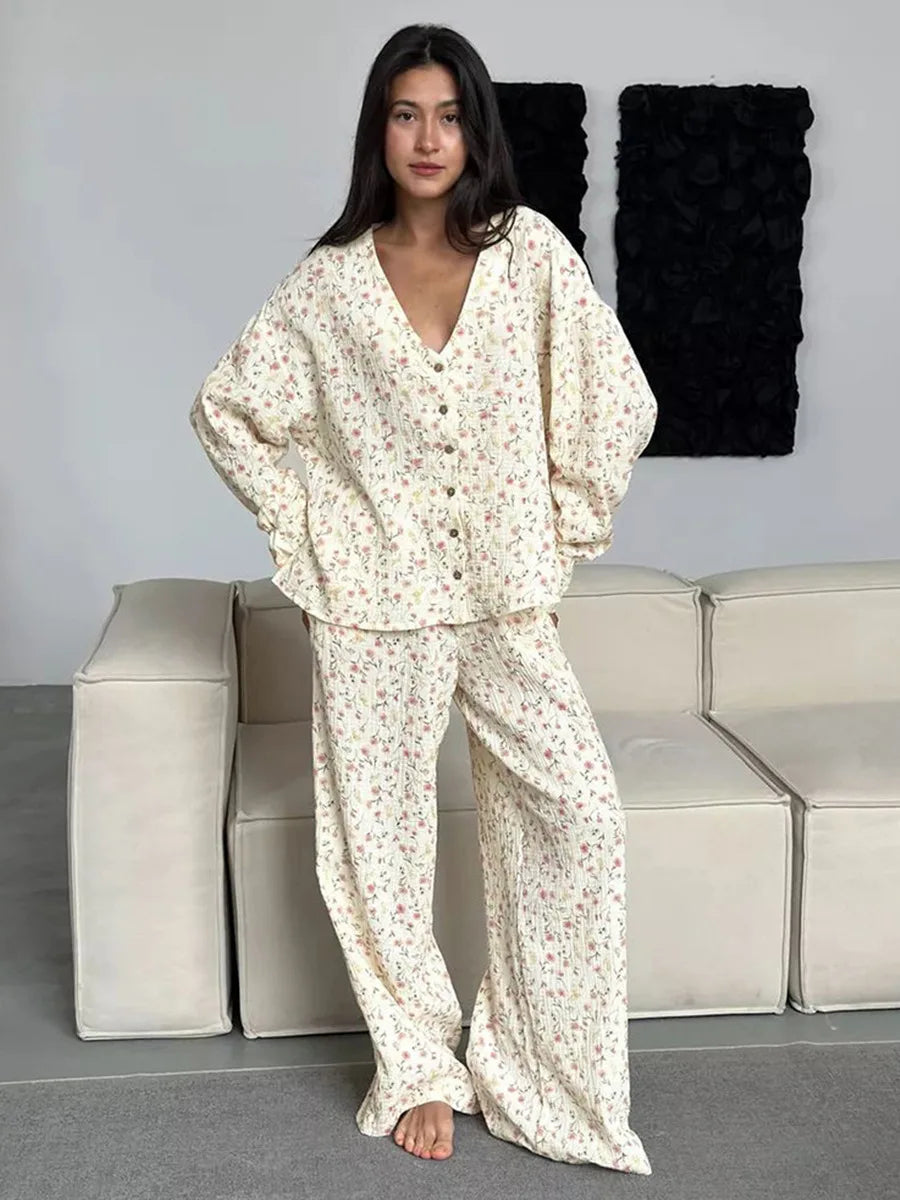 100% Cotton Printed Cardigan Pajama Set Women's Long Sleeved Pants Pajamas Loose  2-piece Set