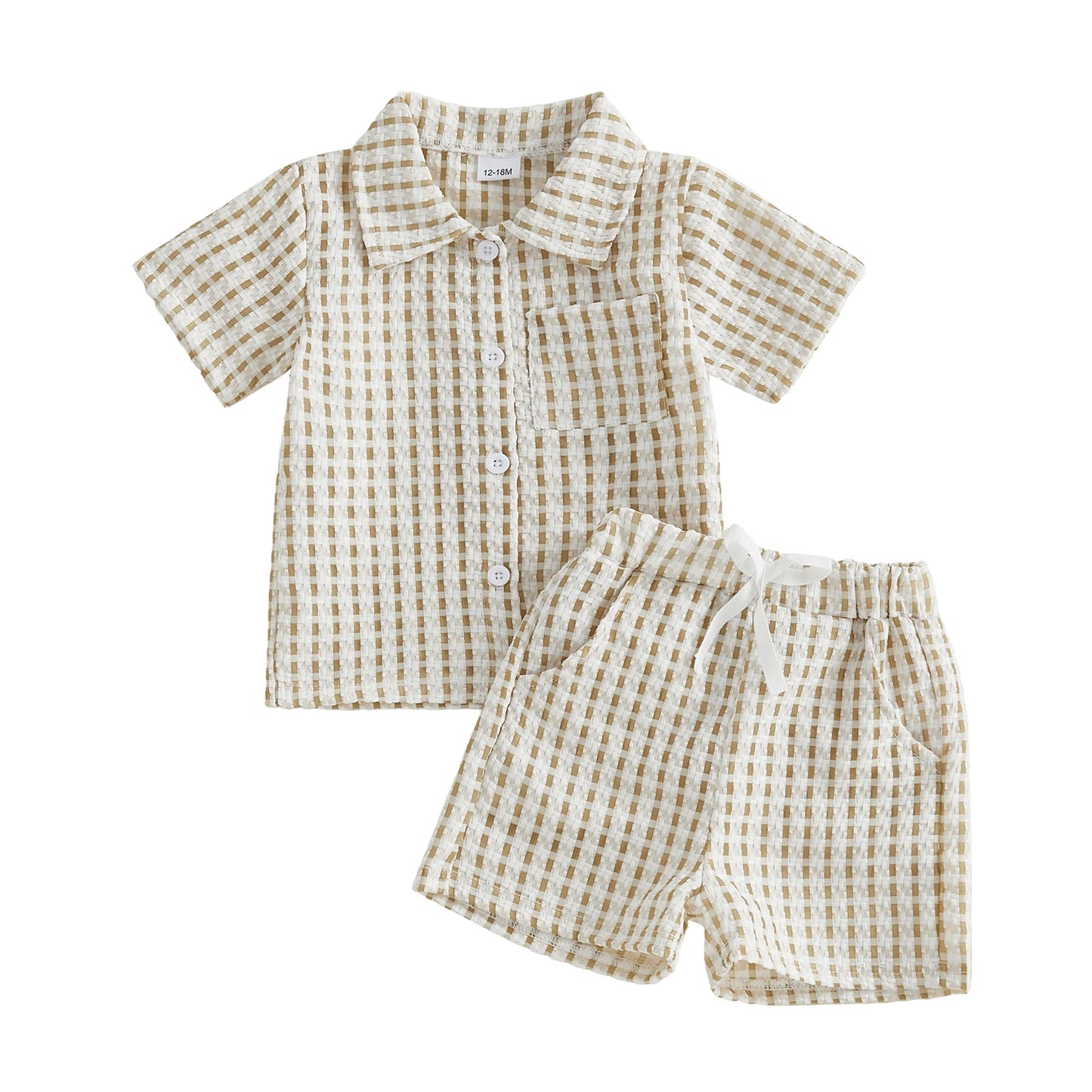 Boy's Checkered Short-Sleeve Shirt with Button-Down Collar and Matching Shorts 2-Piece Set