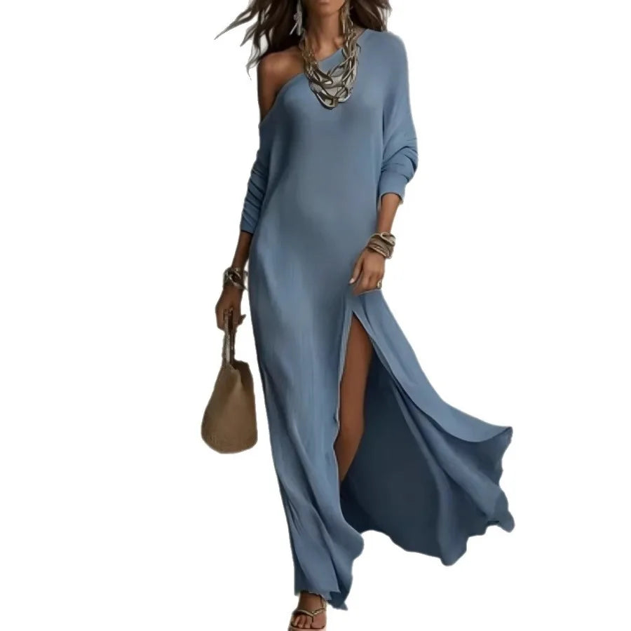 Elegant Long-sleeved Knitted Pleated Split Women's Dress
