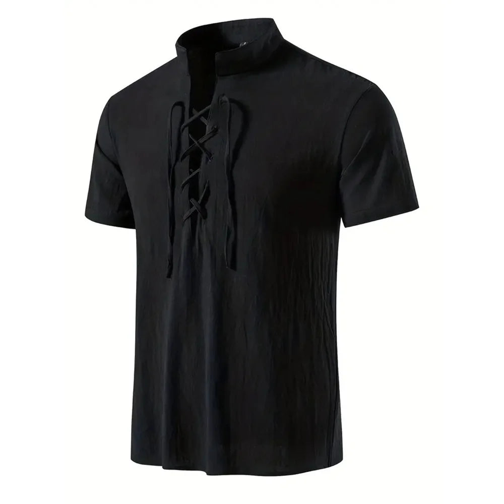 Men's Short Sleeve Cotton Linen Lightweight Breathable Solid Color Pirate V-neck