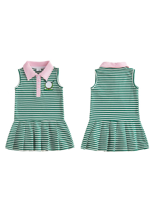 Sleeveless A-line Dress with Turn-down Collar Striped Embroidery Tank Dress