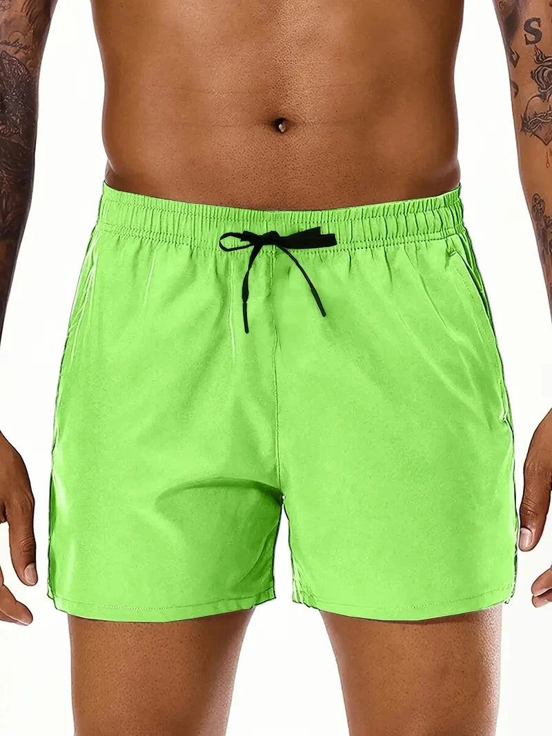 Men Solid Color, Elastic Waist Double Pockets Sports Shorts