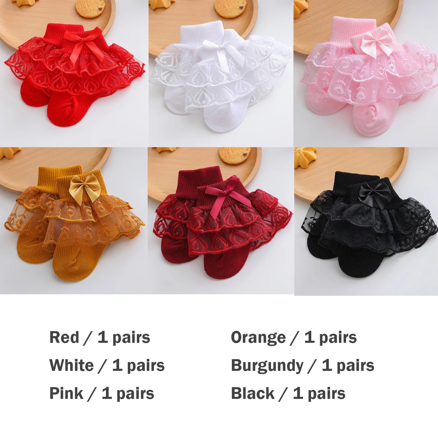 6 pairs of baby girl mid-calf socks with lace ruffle trim, breathable and comfortable lace socks
