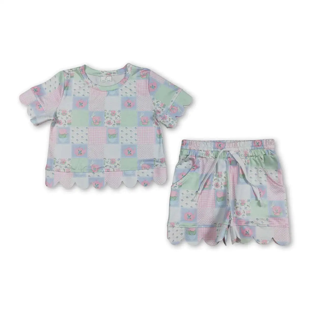 Girls Colorful Flowers Top with Scallop Short Sets