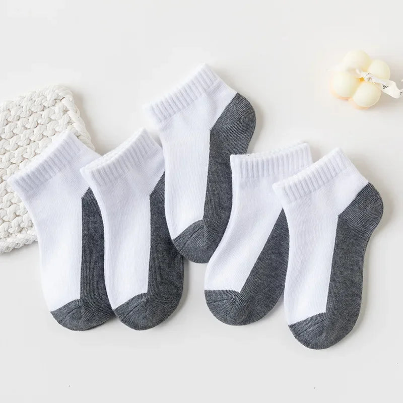 5 Pairs Children  Cotton Socks  Black, White, Gray For 1-12 Years