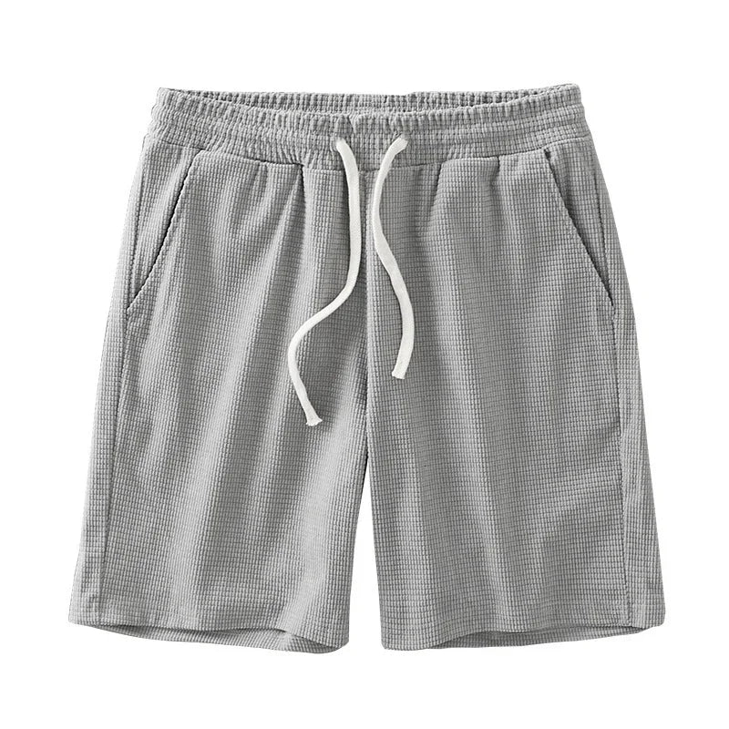 Men Shorts Solid Color Mid Waist, Waffle Texture Deep Crotch Drawstring, Loose Knee Length