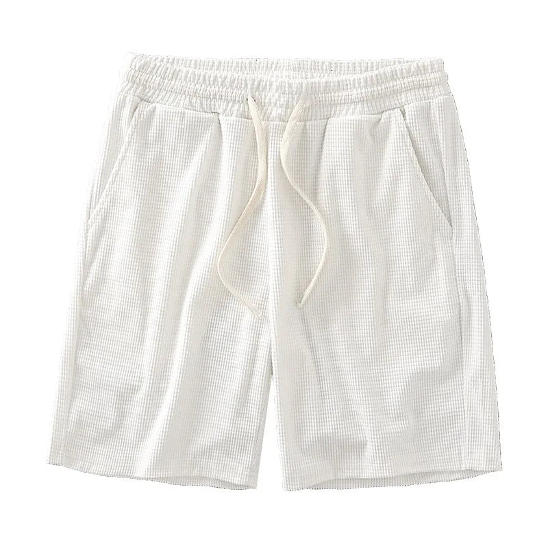 Men Shorts Solid Color Mid Waist, Waffle Texture Deep Crotch Drawstring, Loose Knee Length