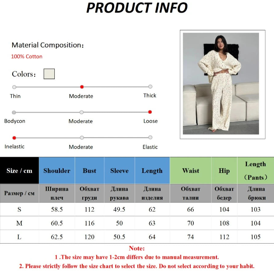 100% Cotton Printed Cardigan Pajama Set Women's Long Sleeved Pants Pajamas Loose  2-piece Set
