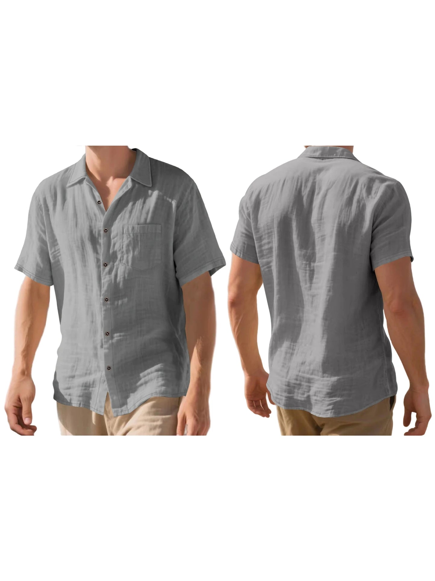 Men s Lightweight Linen Short Sleeve Button-Down, Solid Color Breathable Summer Shirts Loose Fit Lapel Collar