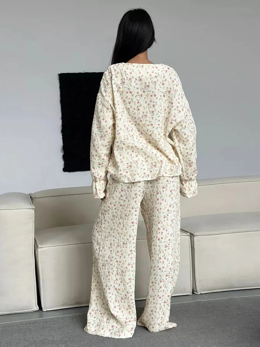 100% Cotton Printed Cardigan Pajama Set Women's Long Sleeved Pants Pajamas Loose  2-piece Set