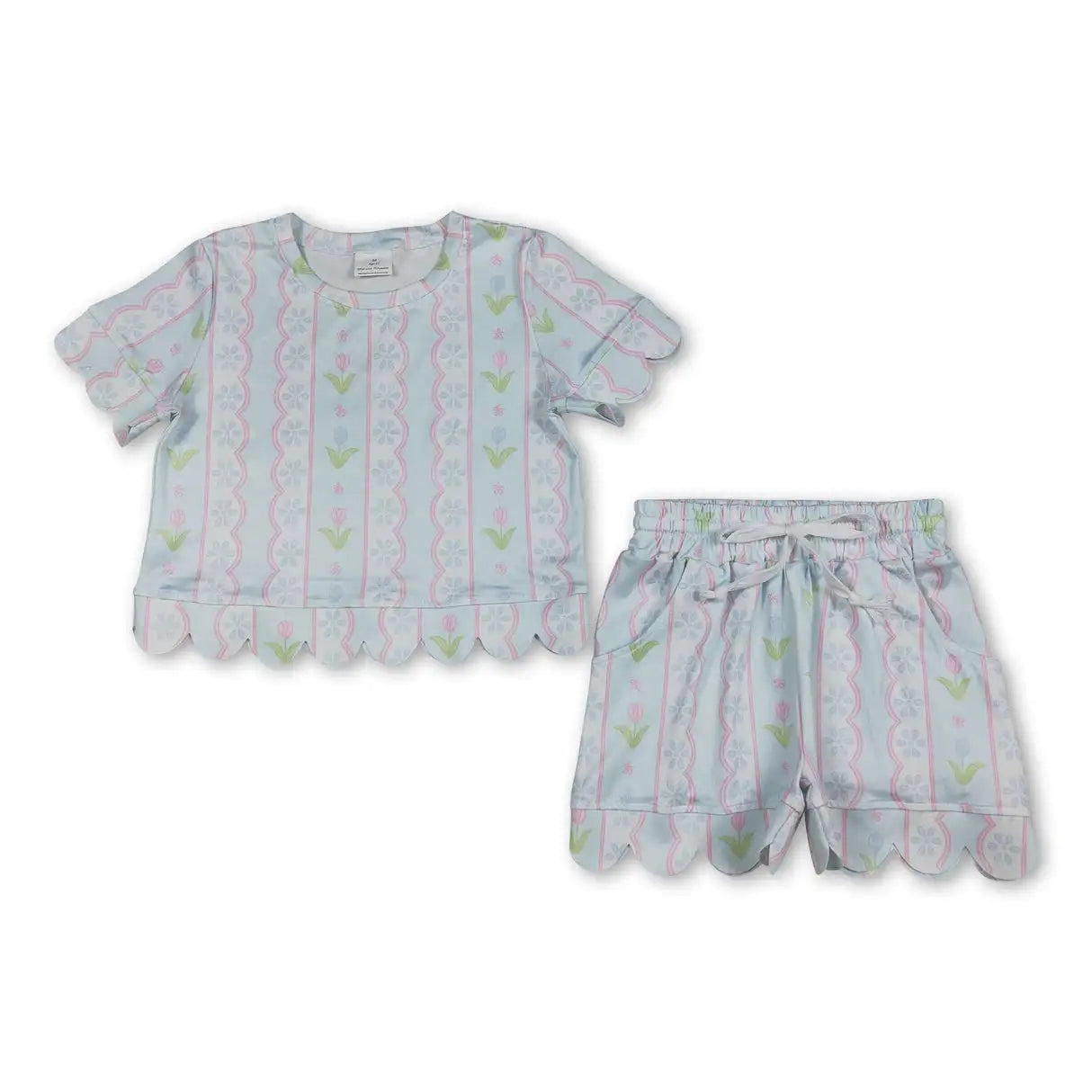 Girls Colorful Flowers Top with Scallop Short Sets