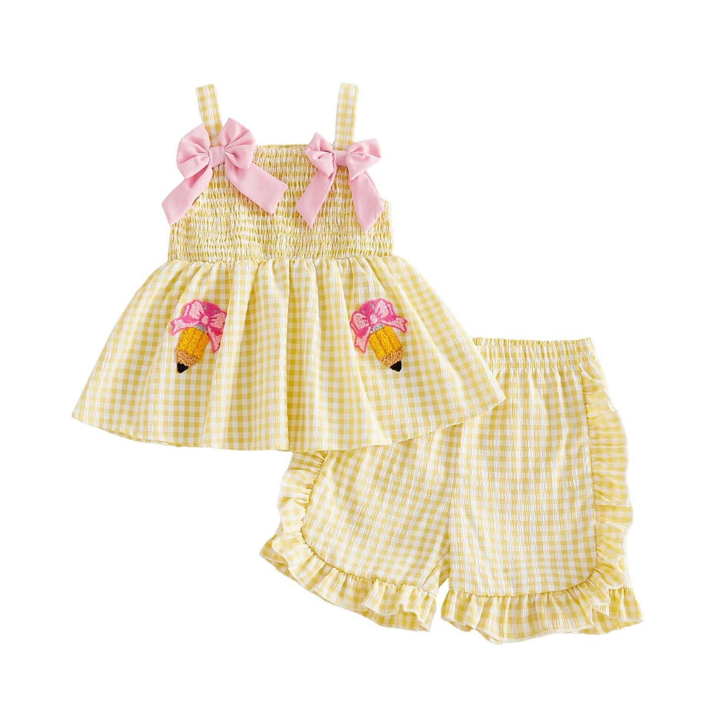 Casual Bow Pencil Pattern Plaid Sleeveless Top with Ruffled Trim Shorts