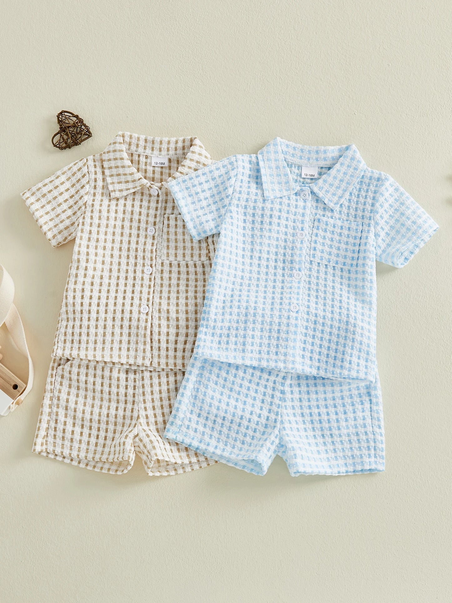 Boy's Checkered Short-Sleeve Shirt with Button-Down Collar and Matching Shorts 2-Piece Set