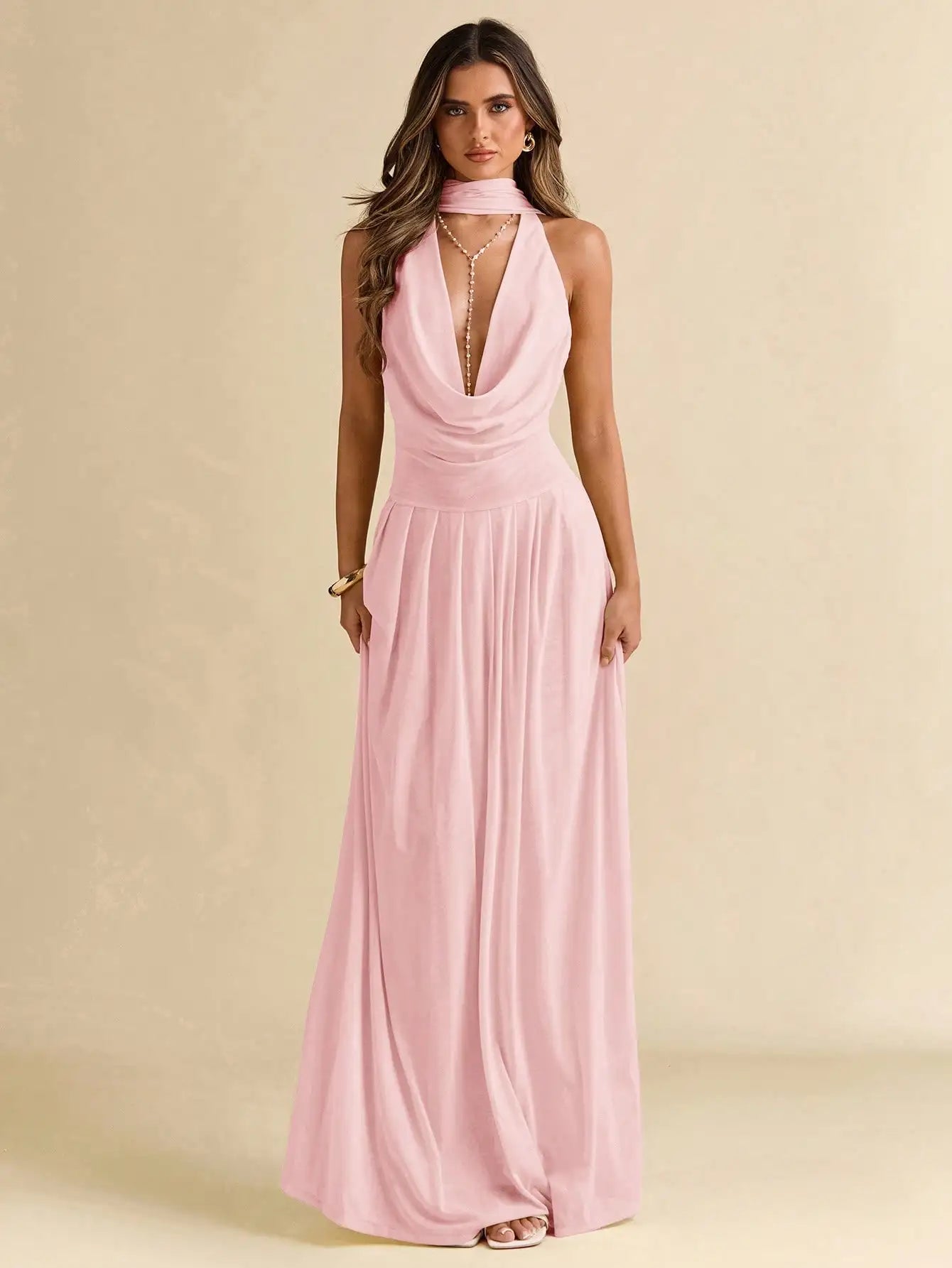 Solid Color Draped Halter Backless Maxi Dress