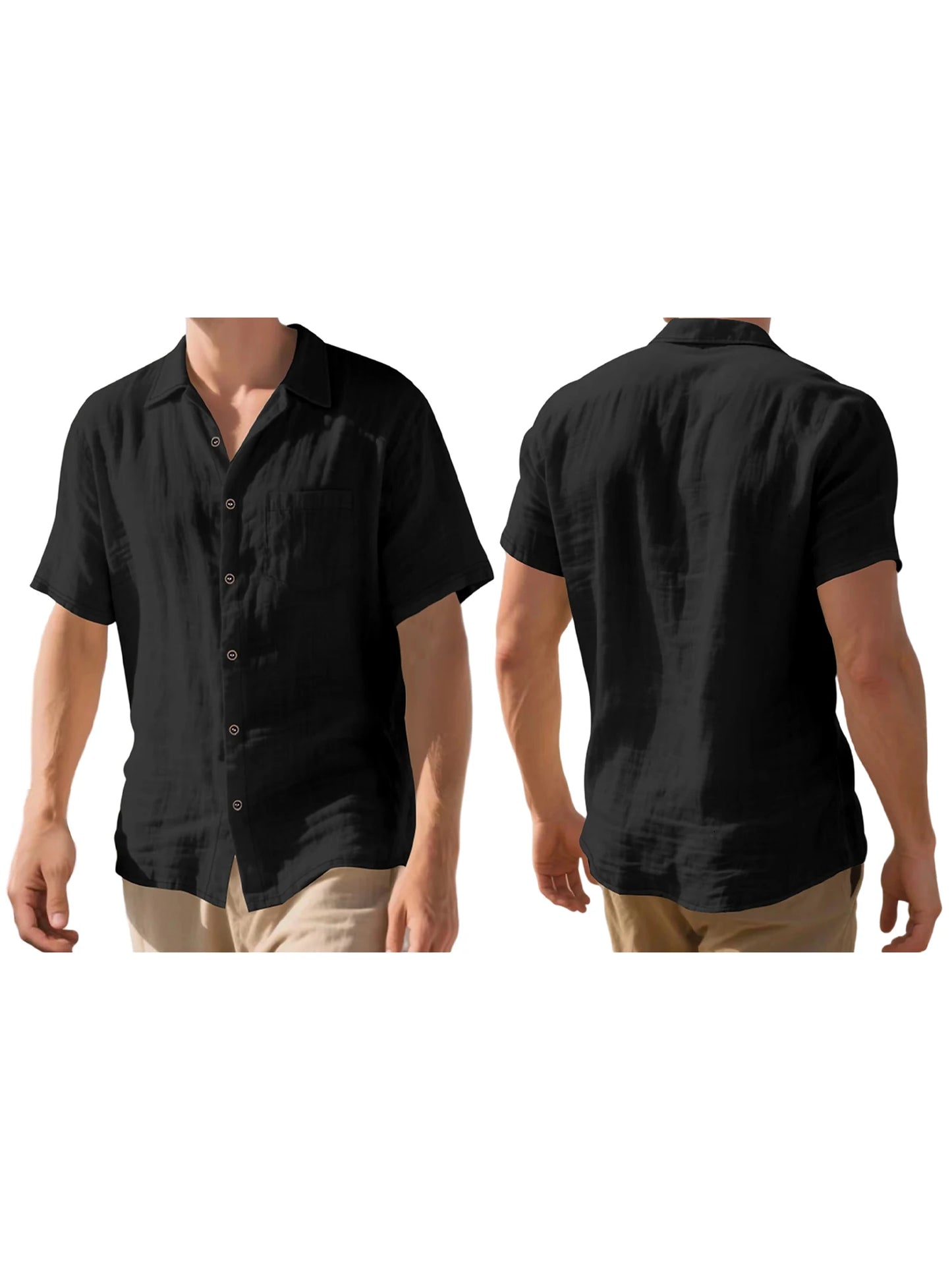 Men s Lightweight Linen Short Sleeve Button-Down, Solid Color Breathable Summer Shirts Loose Fit Lapel Collar