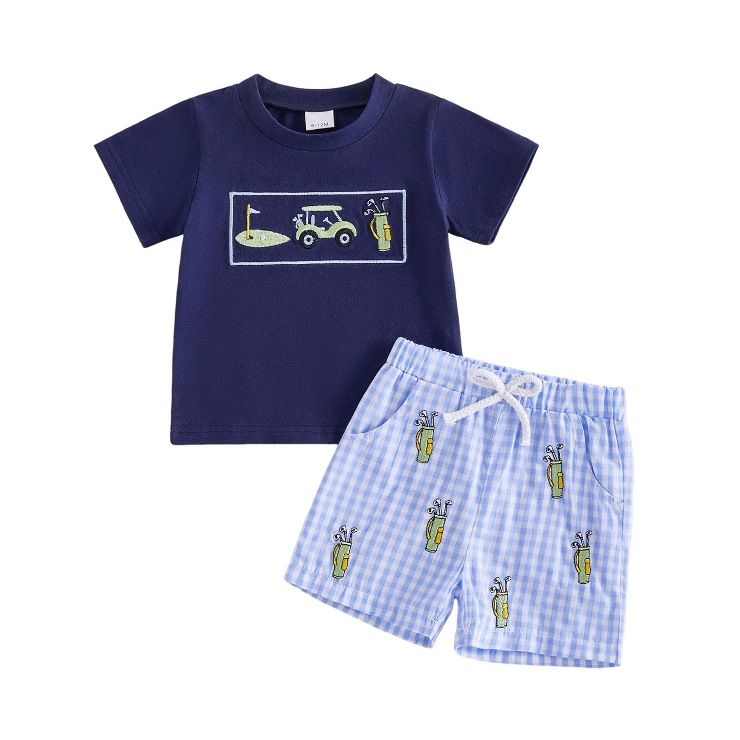 Boys Outfits with Cute Animal Embroidery Short Sleeve T-Shirts and Elastic Waist Plaid Shorts