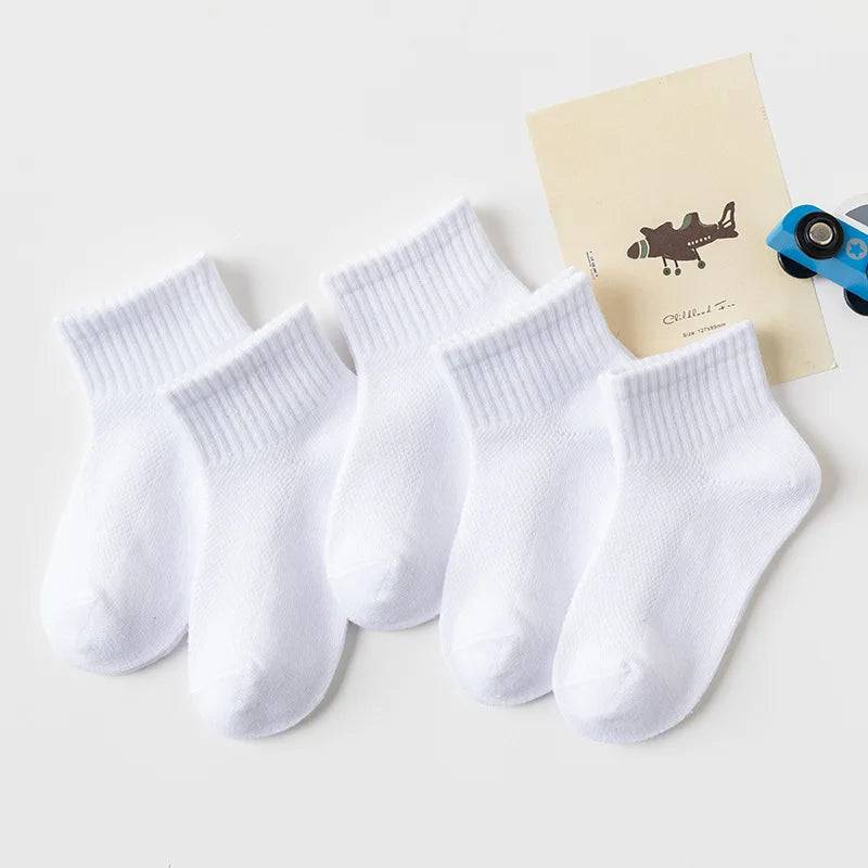 5 Pairs Children  Cotton Socks  Black, White, Gray For 1-12 Years
