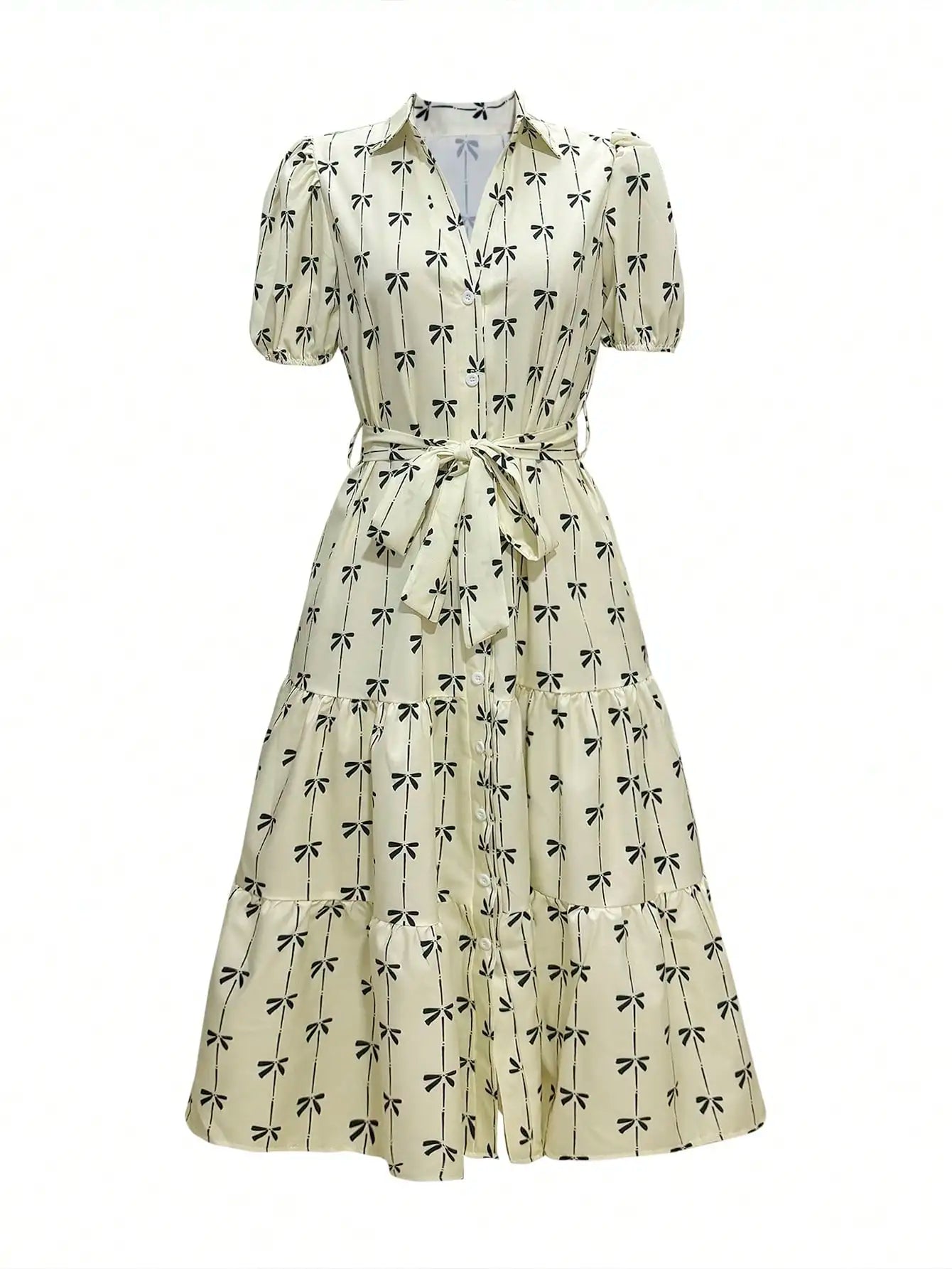Striped Floral Embroidered Midi Dress With Collar Puff Sleeves Tie-Up Waist
