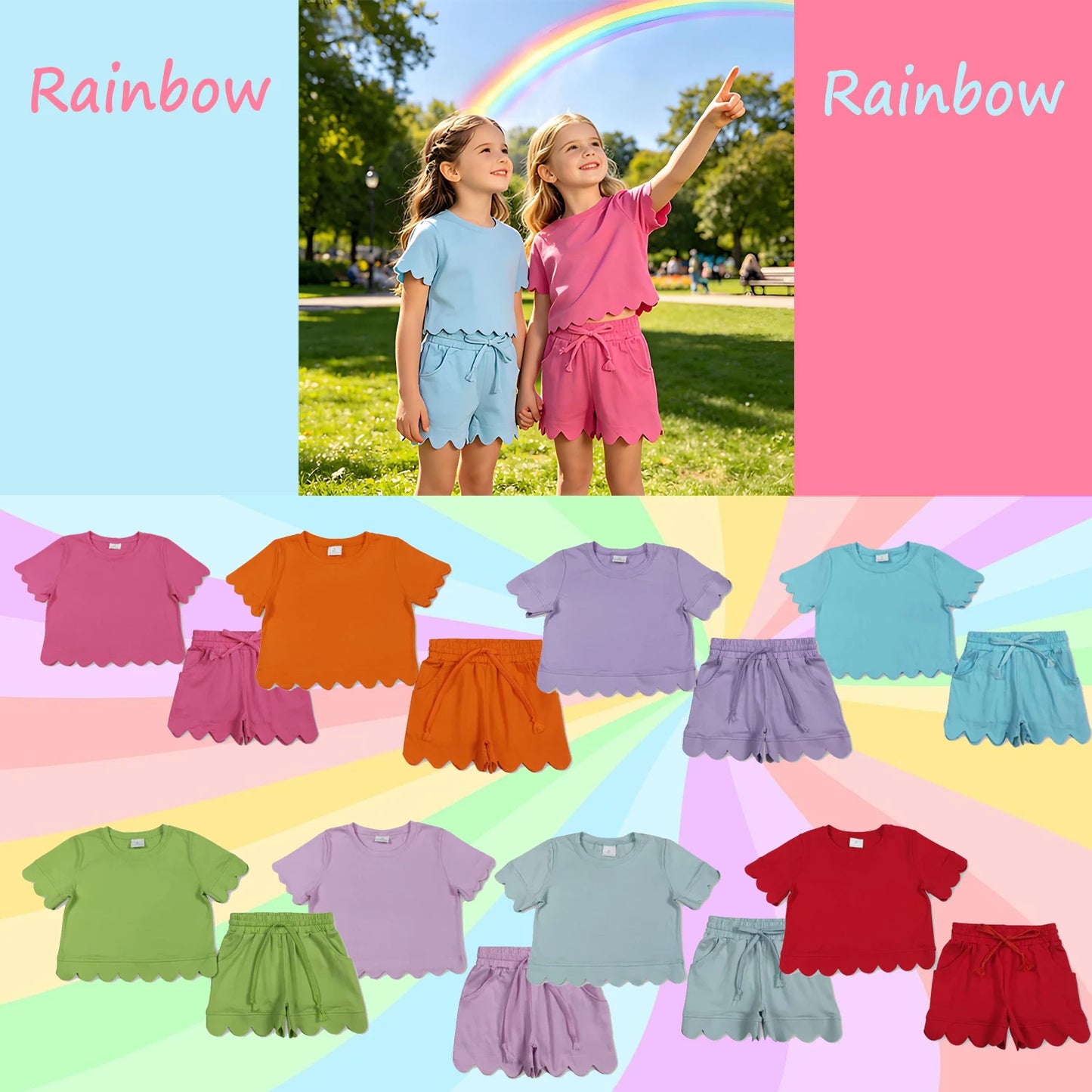 Cotton Clothes Sets with Short Sleeve Top Pockets And Scallop Shorts