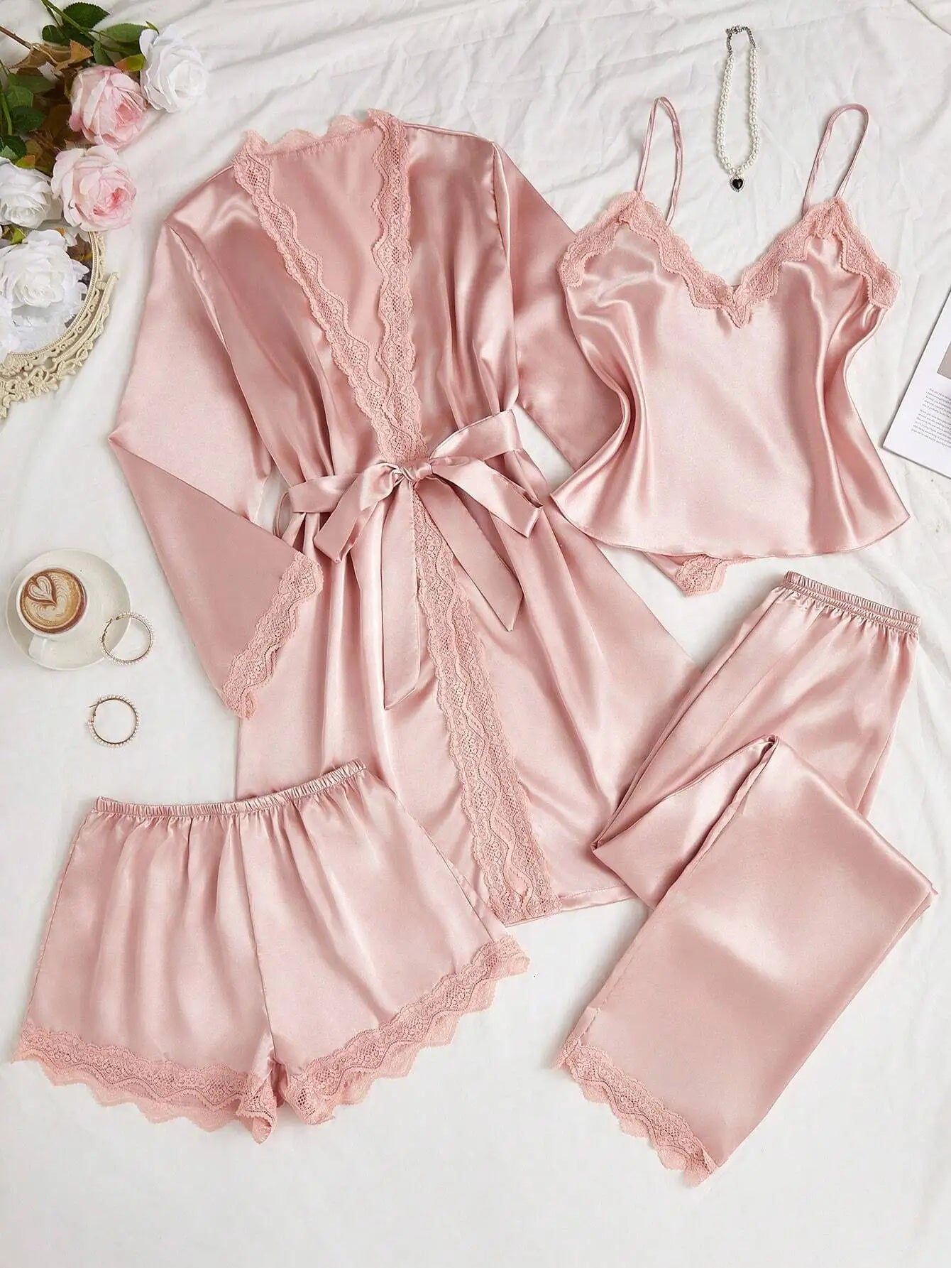 4-Piece Pink Faux Silk Pajama Set with Lace Trim - Cami, Shorts, Pants & Robe for Women