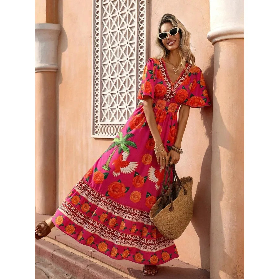Women Bohemian Maxi Dress Fuchsia Floral Print Multi-Color