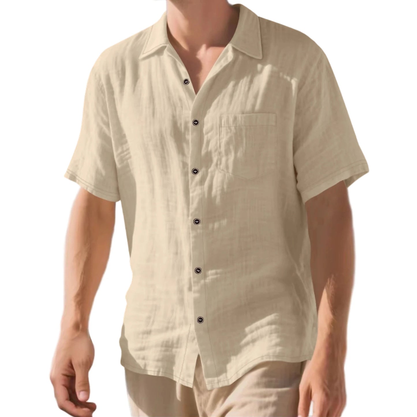 Men s Lightweight Linen Short Sleeve Button-Down, Solid Color Breathable Summer Shirts Loose Fit Lapel Collar