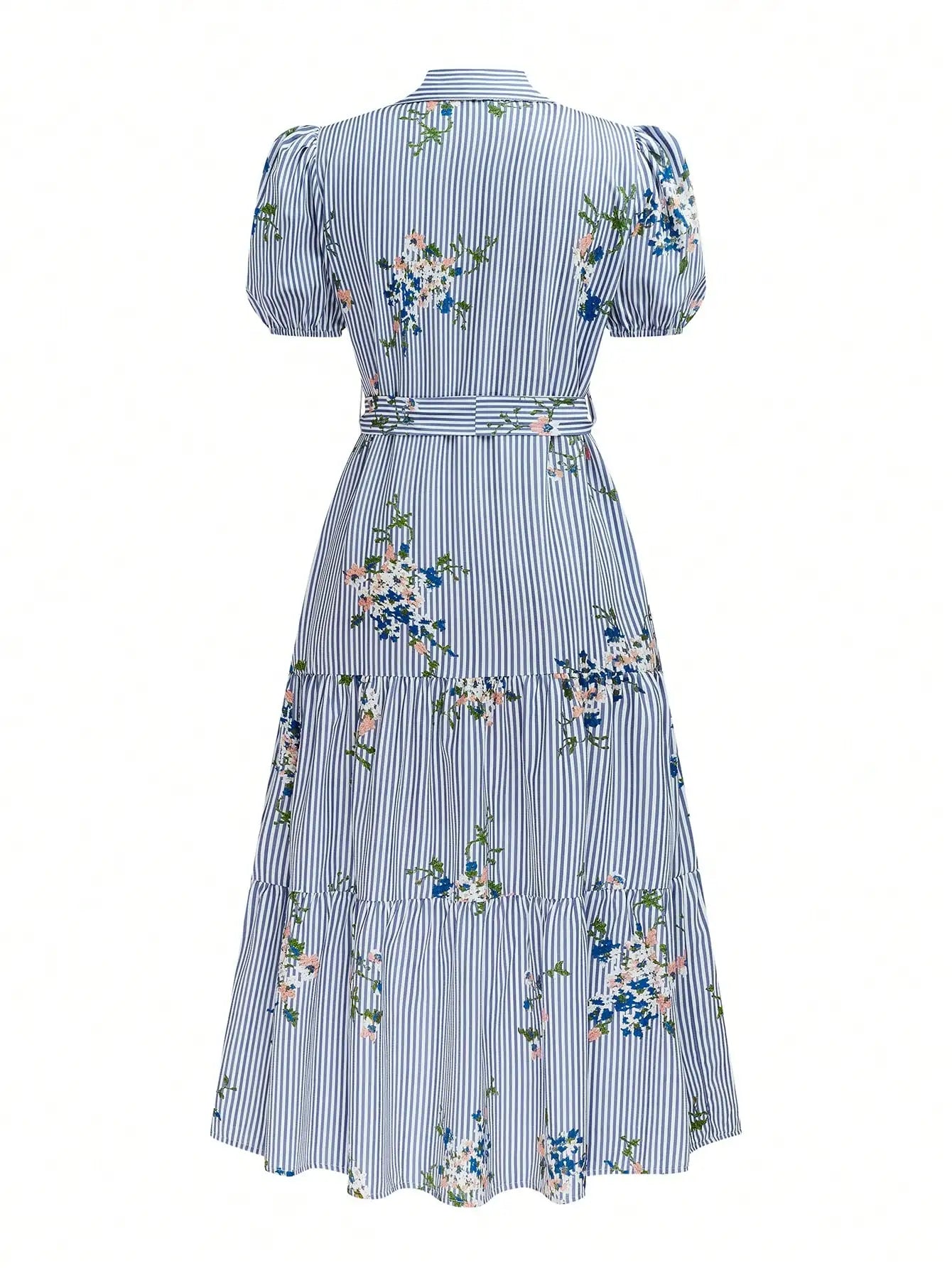 Striped Floral Embroidered Midi Dress With Collar Puff Sleeves Tie-Up Waist