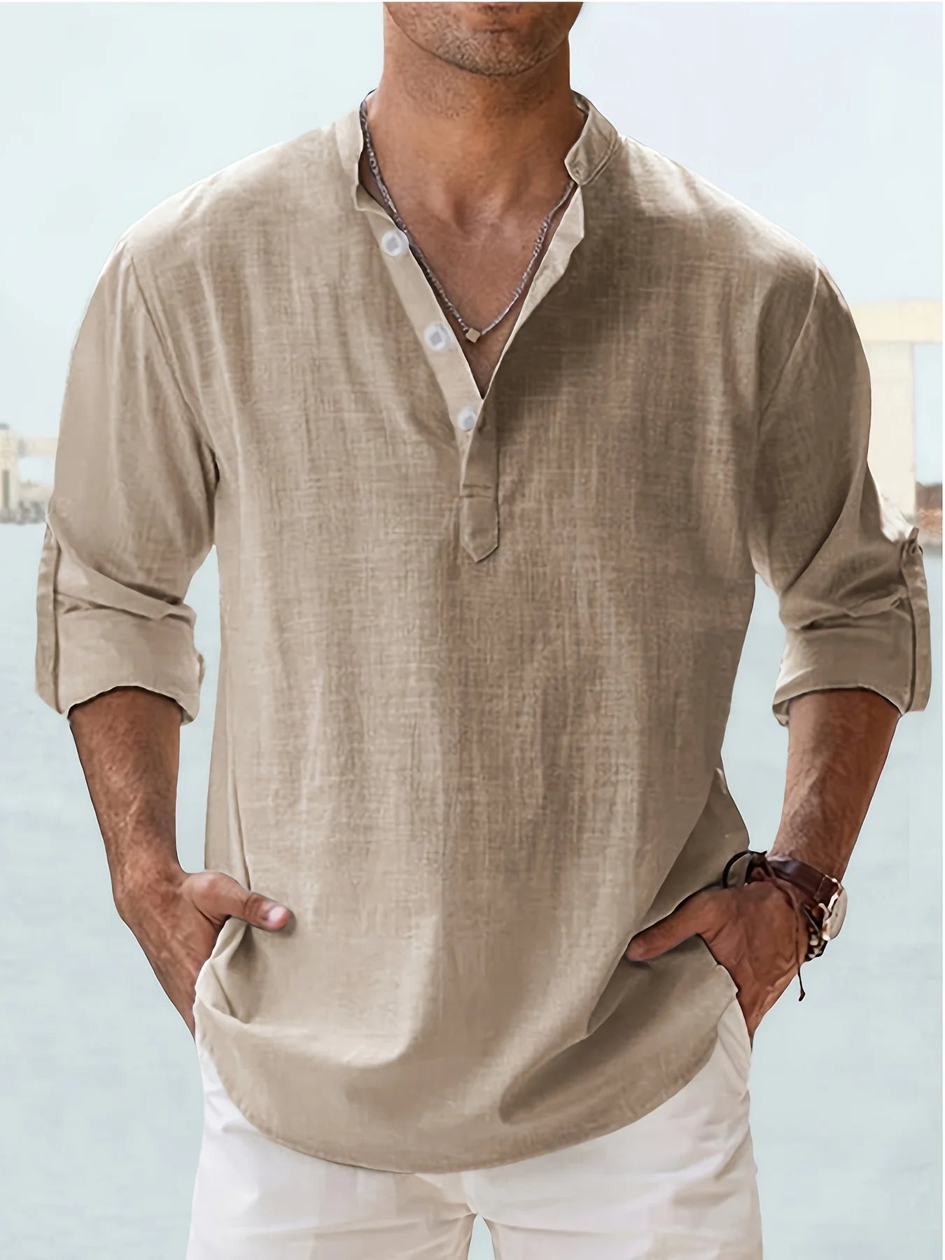 Men's Cotton Linen Shirt with Stand Collar, Long Sleeve, Loose Fit