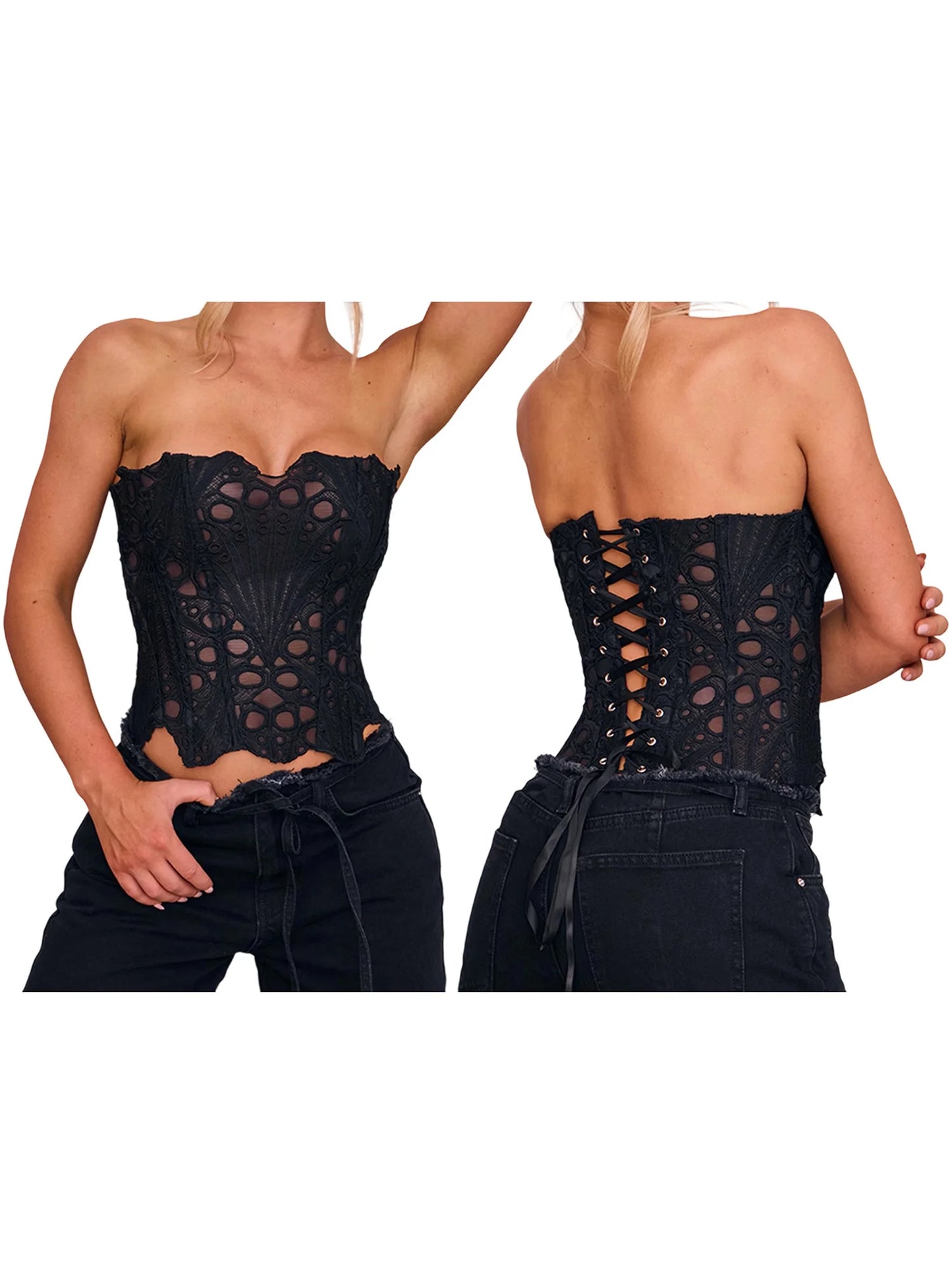 Sexy Lace-Up Backless Bandeau Top with Irregular Cutout Detail and Off-Shoulder Design for Trendy Style