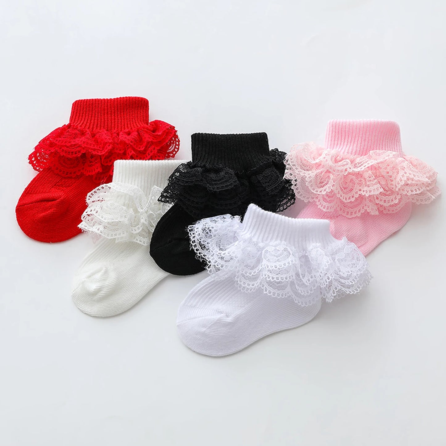 5 pairs of lace-trimmed socks for baby girls - double-layered lace trim