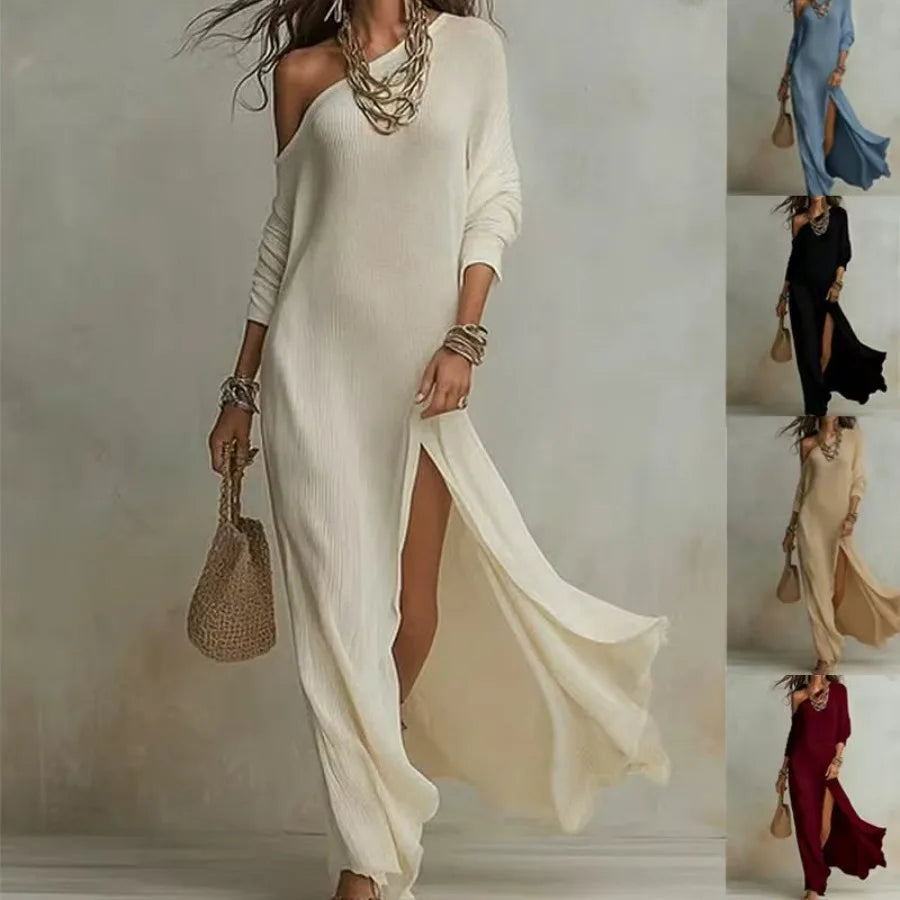 Elegant Long-sleeved Knitted Pleated Split Women's Dress