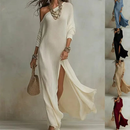 Elegant Long-sleeved Knitted Pleated Split Women's Dress
