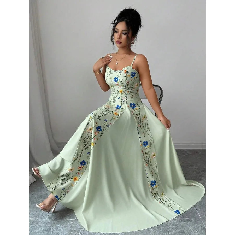 Elegant Floral Print And Solid Color Contrast Long Slinky Spaghetti Strap Sundress