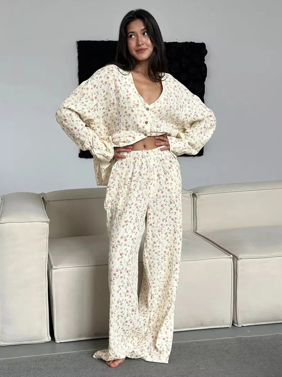 100% Cotton Printed Cardigan Pajama Set Women's Long Sleeved Pants Pajamas Loose  2-piece Set