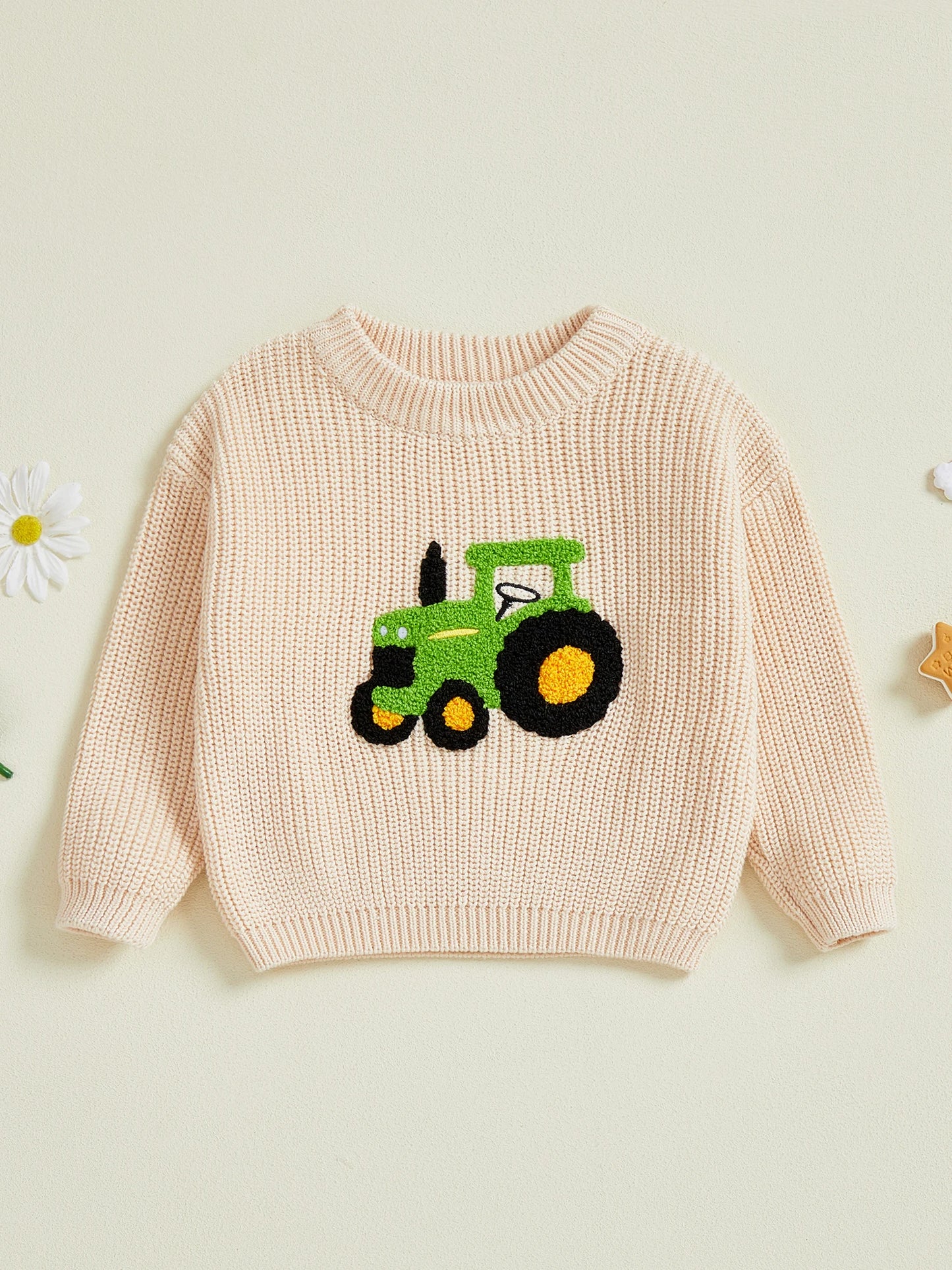 Boy s Cozy Knit Sweater with Adorable Tractor Embroidery Long Sleeve Crew Neck Pullover