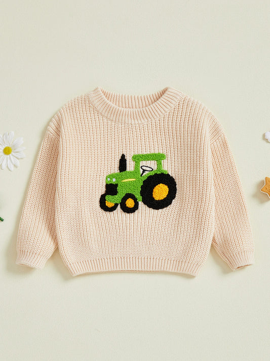 Boy s Cozy Knit Sweater with Adorable Tractor Embroidery Long Sleeve Crew Neck Pullover