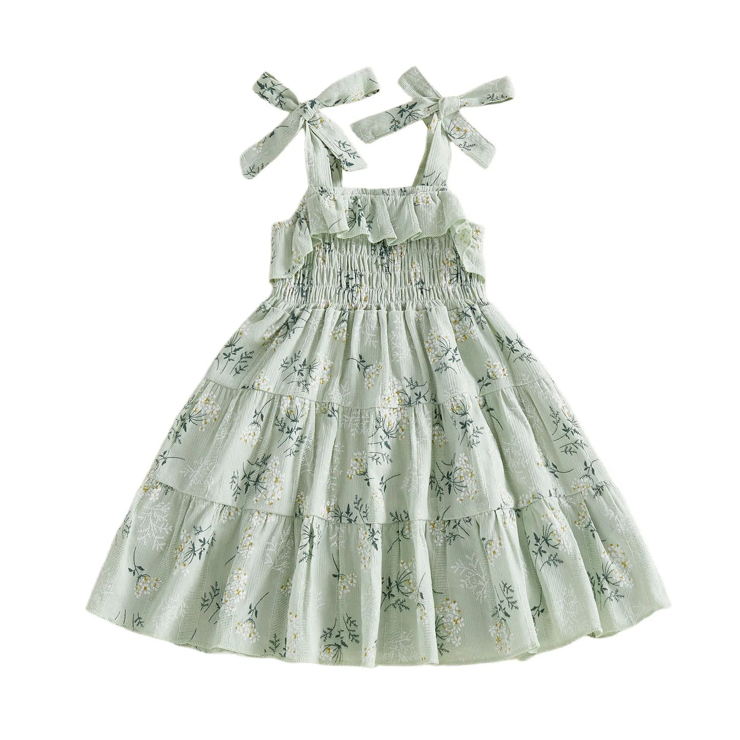 Girls Sleeveless Floral Print A-Line Dress with Tie Shoulder Detail