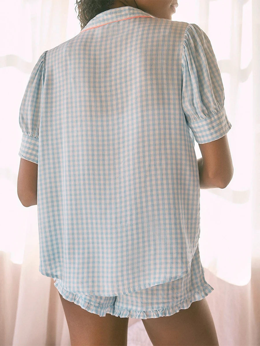Women Plaid Pajama Short Sleeve Set Button Closure Shirt with Shorts