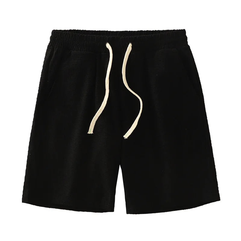 Men Shorts Solid Color Mid Waist, Waffle Texture Deep Crotch Drawstring, Loose Knee Length