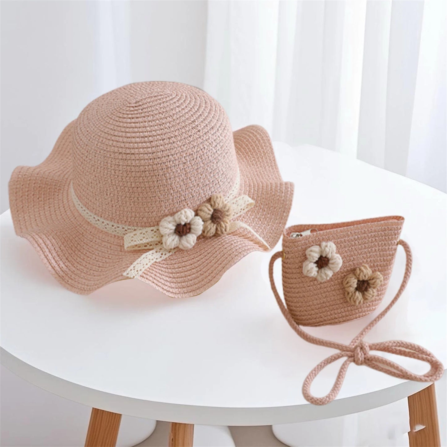 Girls Summer Sun Hat and Tote Bag Set with 3D Floral Embellishments Lace Detail Wide Brim and Adjustable Crossbody Strap
