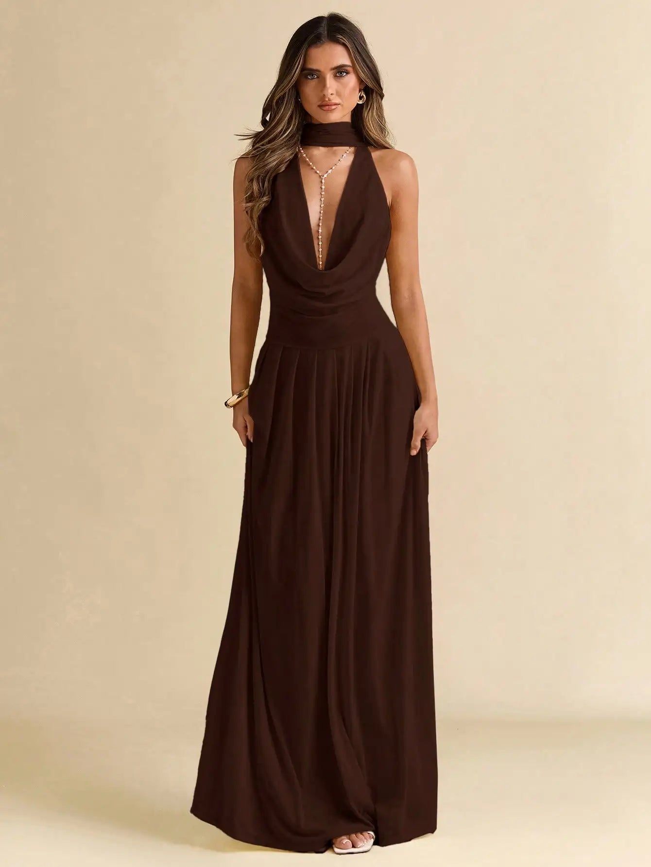 Solid Color Draped Halter Backless Maxi Dress