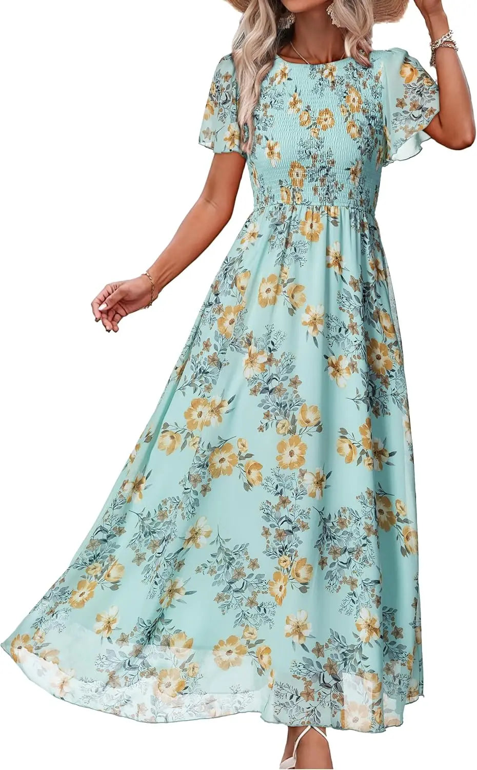 Womens Casual Floral Summer Maxi Dress 2026 Boho Flowy Short Sleeve Crew Neck Vacation Smocked Chiffon Dresses