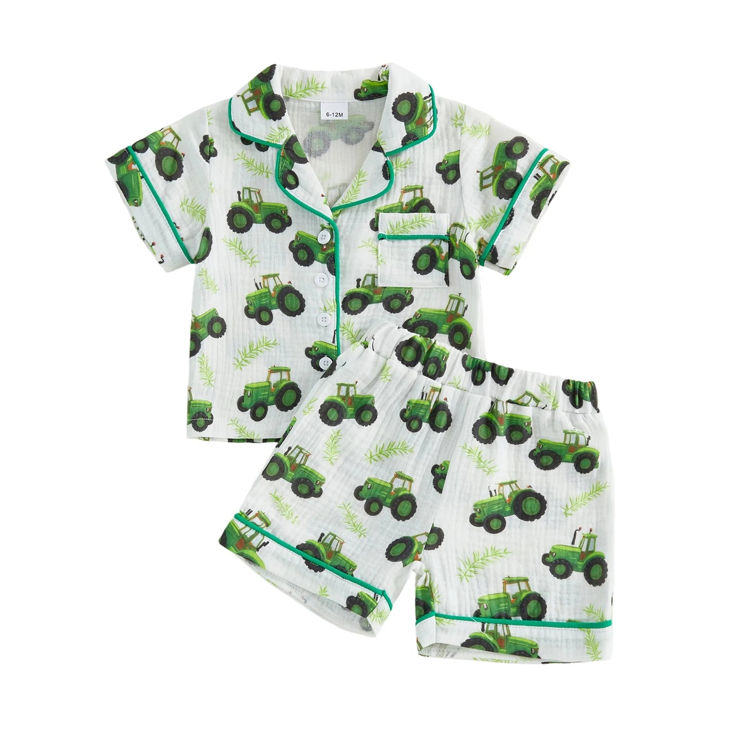 Boy's Summer Ensemble with Fun Dino Tractor Design Stylish Button-Up Lapel V-Neck Shirt and Matching Shorts
