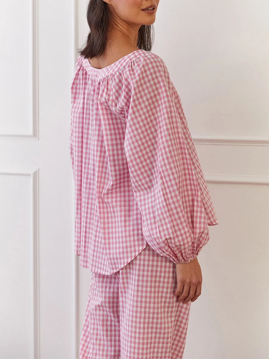 Women s Cozy Plaid Print Pajama Set with Long Lantern Sleeves and Elastic Waistband - Button Down Top and Lounge Pants