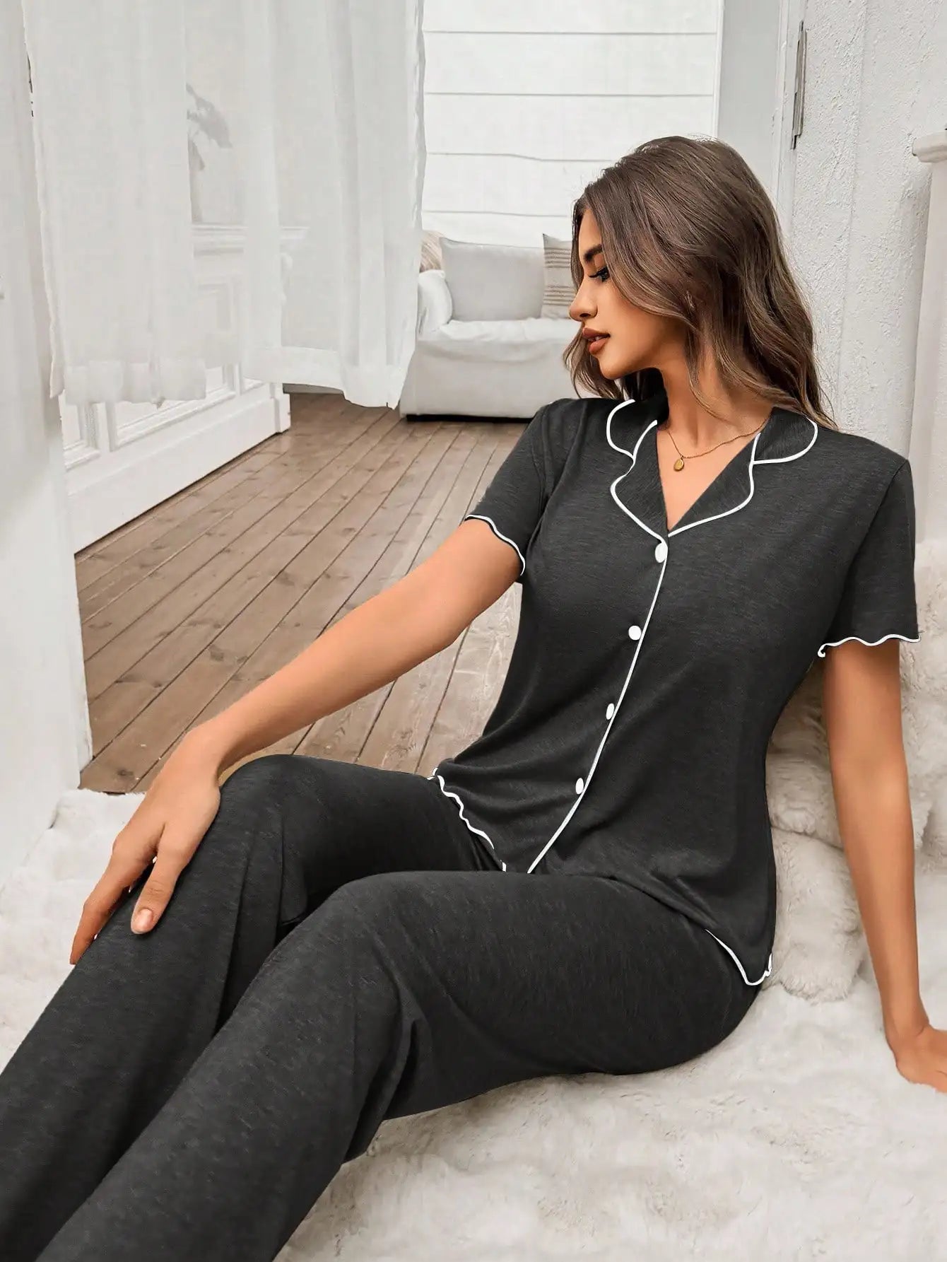 Women's Soft Lightweight Pajama Set with Ruffle Trim, Short Sleeve Top & Pants, Khaki Color