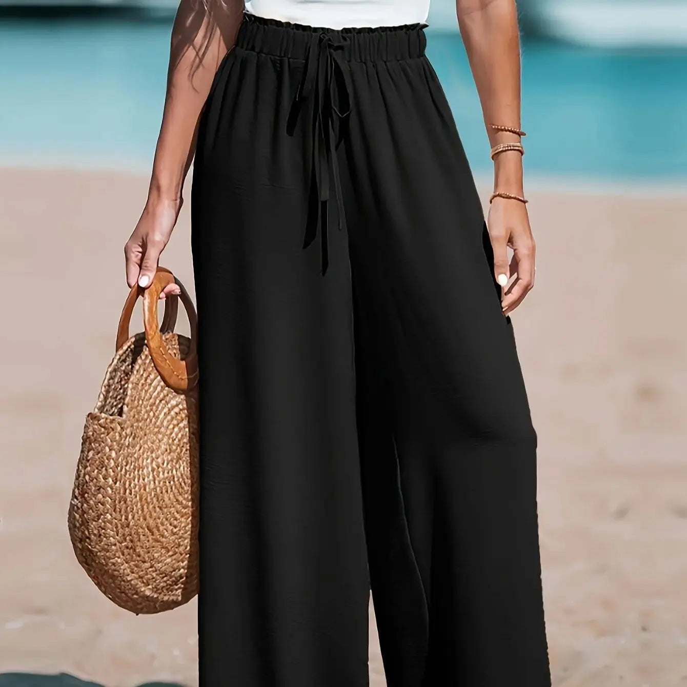 Women's Casual Wide Leg Pants with Pockets, Elastic Waist Loose Fit