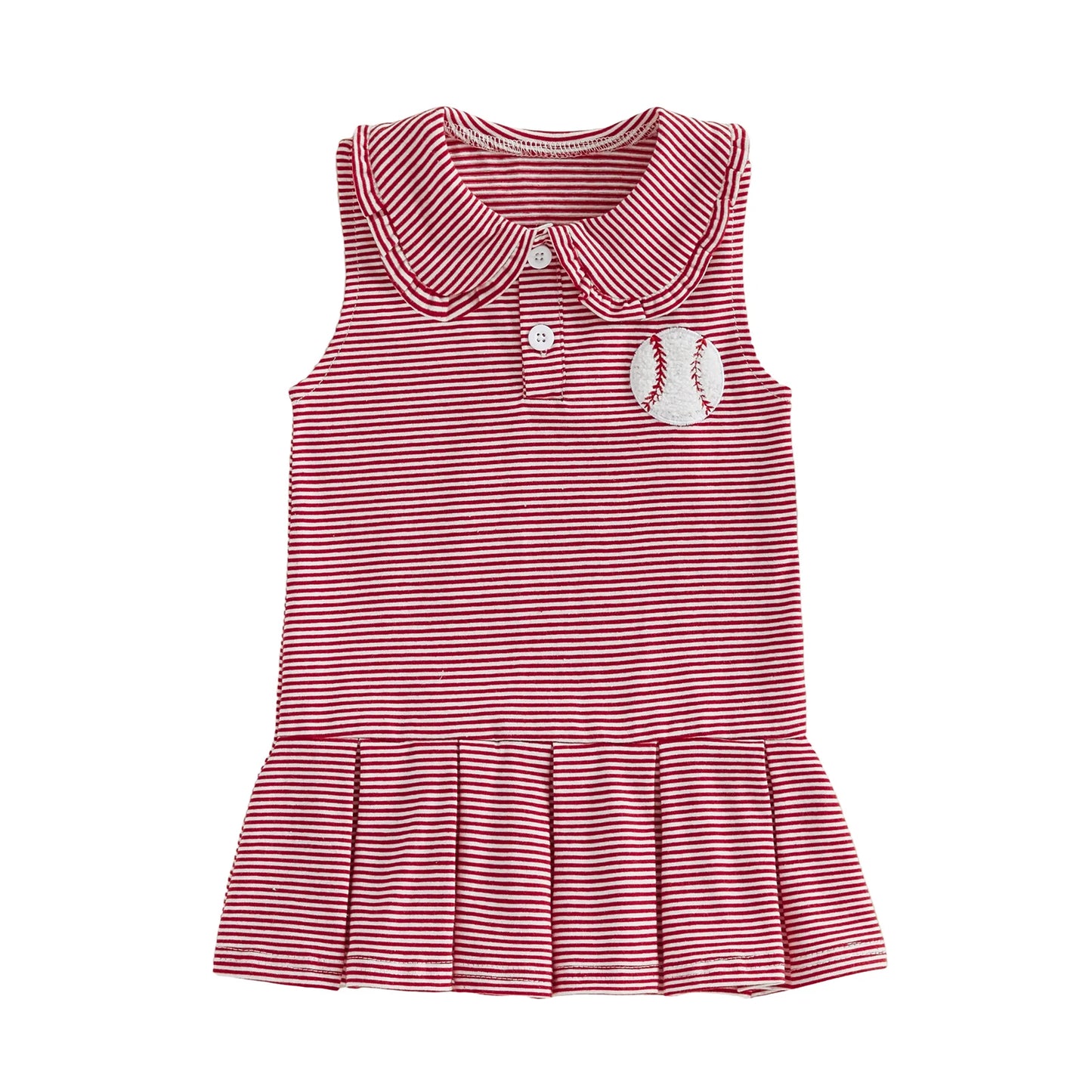 Girls Sleeveless A-line Dress with Doll Collar and Baseball Embroidery Striped Summer Dress