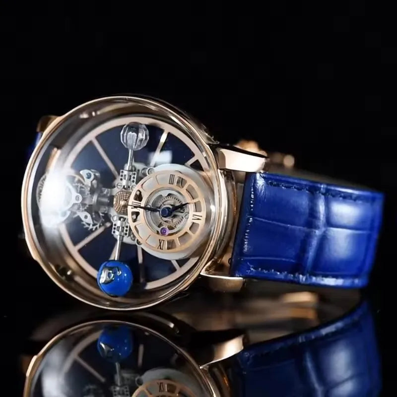 Man Wristwatch Transparent Hollow Design Celestial Roulette Quartz Watches Water Resistant Leather