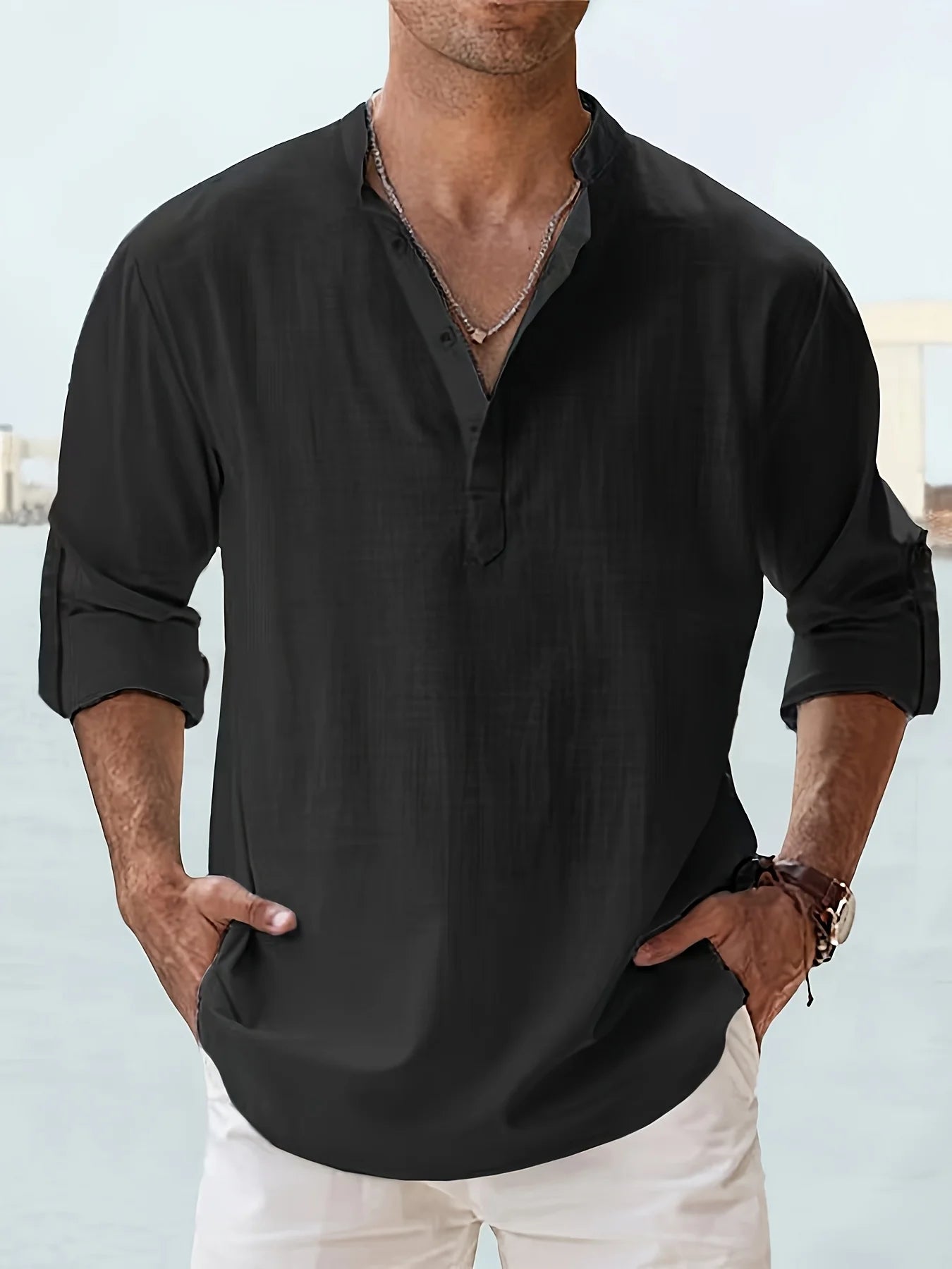 Men's Cotton Linen Shirt with Stand Collar, Long Sleeve, Loose Fit